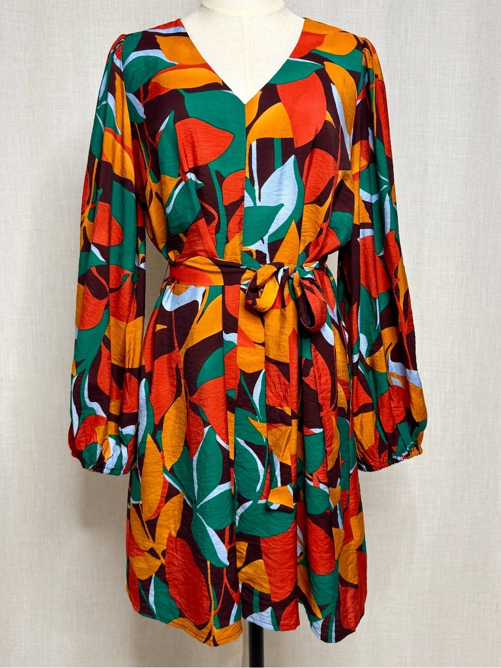 Compania Fantastica Long Sleeve Fall Mini Dress Leaf Print Orange Green L NWT
